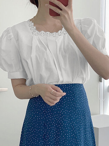 Guipure Lace Puff Sleeve Blouse
