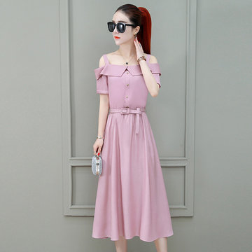 

Season New Women's One-piece Collar Sling Strapless Solid Color Cotton Long Paragraph Large Swing Skirt Temperament Dress