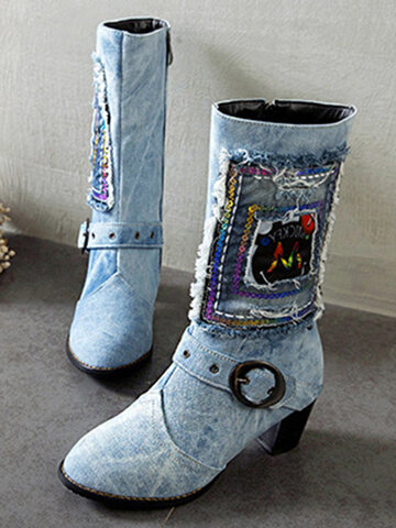 Embroidery Chunky Heel Mid-calf Denim Boots