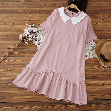 

Season New Japanese Female Female Doll Collar Solid Color Stitching Cotton And Linen Short-sleeved Dress Female Long Section