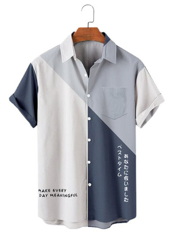 日本のプリントカラーブロックパッチワークシャツ
