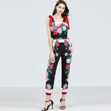 

Europe And The United States Wind Strapless Straps Rose Print Jumpsuit Waist Large Size Hit Color Pants To Send Belt