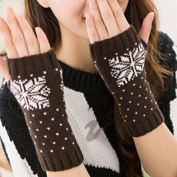 Knit Half Finger Warm Women Snowflake Christmas Gloves