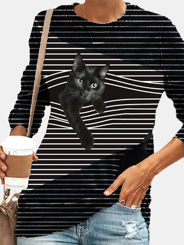 Striped Cat Print Patchwork T-shirt