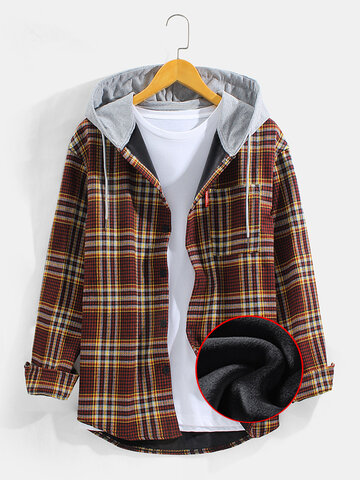 Men's Plaid Thick Plush Lined Warm Hooded Shirt Jacket With Pocket