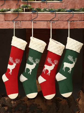 Women Christmas Knitted Socks Gift Bag Home Decoration Wool Elk Candy Bag