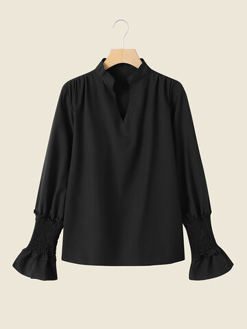 Solid Shirred Bell Sleeve Blouse
