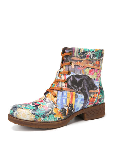 SOCOFY Flowers Playful Cats Printed Leather Warm Tooling Short Boots