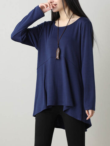 

O-NEWE Casual Solid Long Sleeve High Low Blouse, Black navy wine red