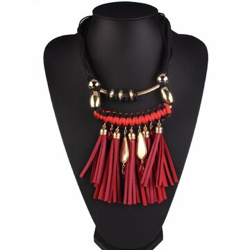 Vintage Tassel Necklace Leather Beads Tassel Necklace for Women