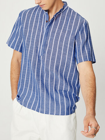 Mens Striped Stand Collar Short Sleeve Shirt