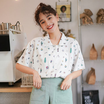 

Season Wild Short-sleeved Shirt Female Tide Sweet Retro Shirt Printing Chic Hong Kong Flavor Shirt