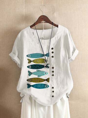 Fish Print Patched T-shirt