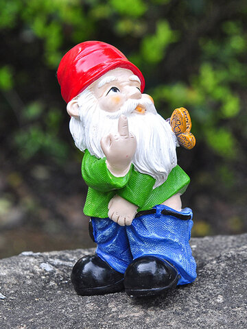 1PC Resin Gnome Dwarf Provocative White Beard Statues Holding Milddle Finger Butterfly Lawn Decorations Indoor Outdoor Christmas Garden Ornament
