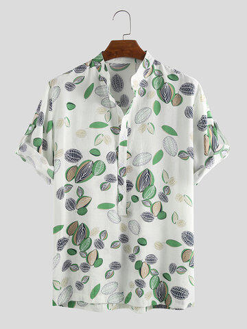 Mens Summer Leaf Printed Casual Henley Shirts
