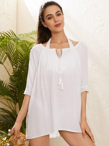 Women Crochet Thin Solid Color Sun Protection Cover Up Beach Dress 