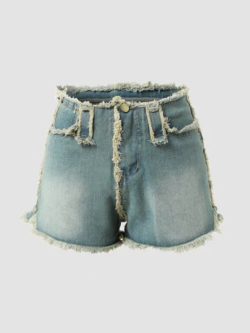 Distressed Washed Contrast Frayed Denim Shorts For Women 