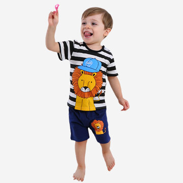 Boy's Lion Print Striped Pajama Set For 1-5Y