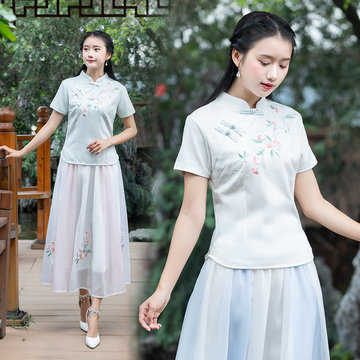 

7885 Season New Women's Shirt National Wind Short-sleeved Slim Collar Embroidered Girlfriends Shirt Women