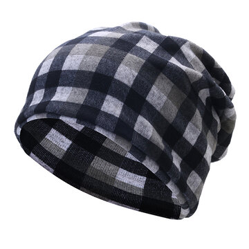 Grid Skullies Beanies Cap Knitted Cotton Bonnet Hat