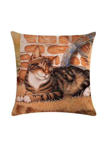 Cute Cat Printing Linen Cushion Cover Colorful Cats Pattern Decorative Throw Pillow Case For Sofa Pillowcase