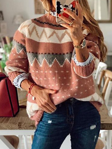 VintagePrinted Long Sleeve O-neck Sweater For Women