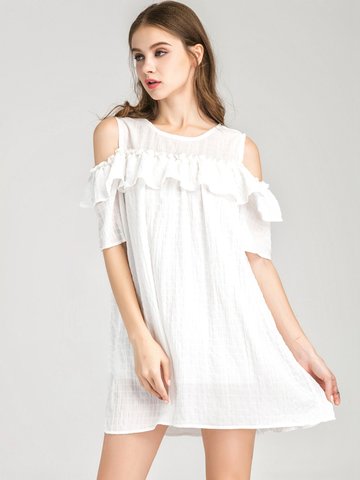 

Flouncing Cold Shoulder Loose Short Sleeve O-neck Women Mini Dress, White pink