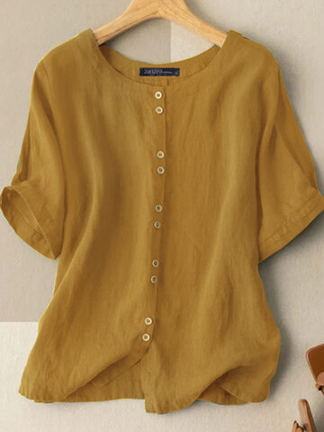 Solid Button Cotton Casual Blouse