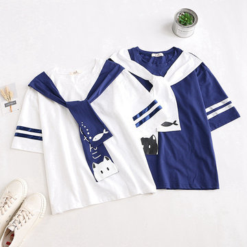 

Season New Japanese College Wind Cute Cat Printing Tie Navy Collar Short-sleeved T-shirt Shirt Women's Clothing