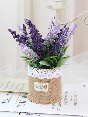 1PC Potted Lavender Artificial Flower Linen Bag Bonsai Home Office Garden Decor Artificial Green Leave Plant Decoration