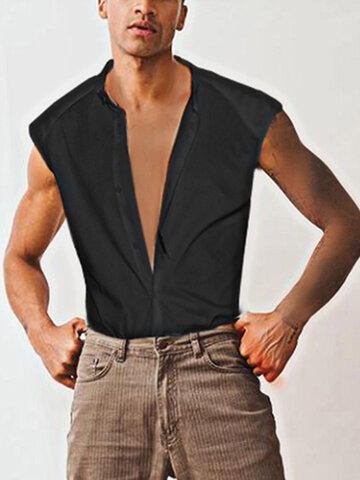 Mens Solid Workout Button Down Sleeveless Shirt