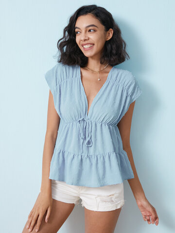 Solid V-neck Lace-Up Casual Blouse