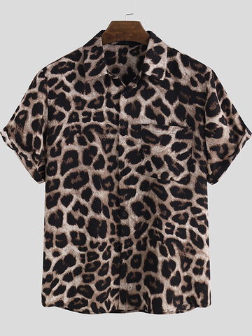 Camisas casuais de manga curta com estampa de leopardo