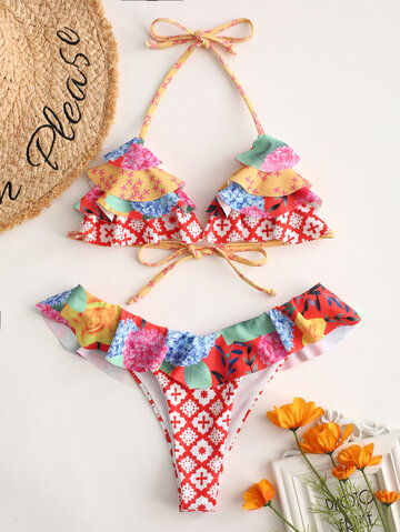 Halter Floral Triangle String Bikinis