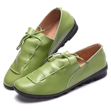 Lace Up Soft Leather Pure Color Flat Loafer Shoes