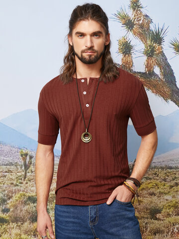 Ribbed Buttons Solid Color Polos Shirts