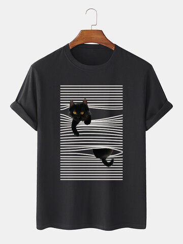 Cute Cat Pinstripe Graphic T-Shirts