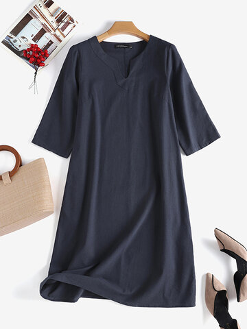 Solid Notched Neck Cotton Dress