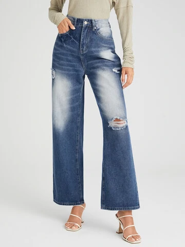 Ripped Faded Effect Washed Zipper Fly Wide Leg Jeans   