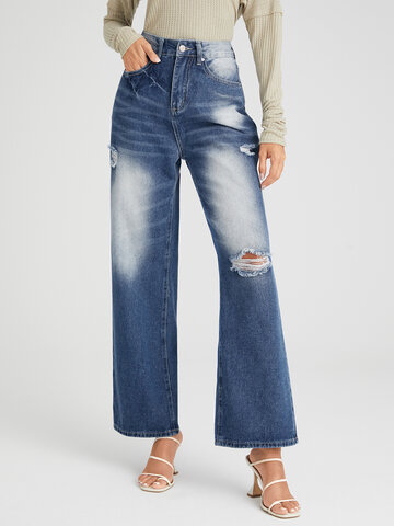 Ripped Faded Effect Wide Leg Jeans