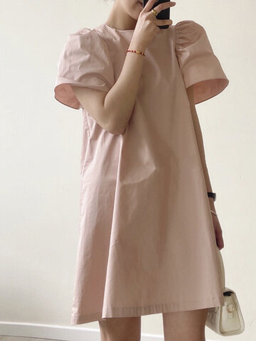 Puff Sleeve Casual Solid Dress