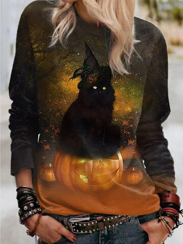 Halloween Cat Pumpkin Print T-Shirt