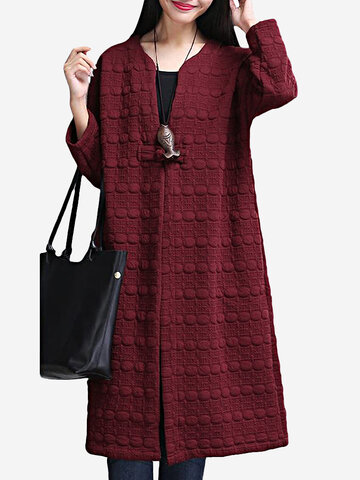 

O-NEWE Women Casual Vintage Plate Button Pure Color Long Sleeve Cardigan, Wine red gray black navy
