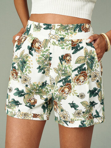 Tropical Flower Print Pocket Shorts