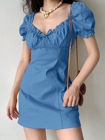 Solid Puff Sleeve Tie Dress