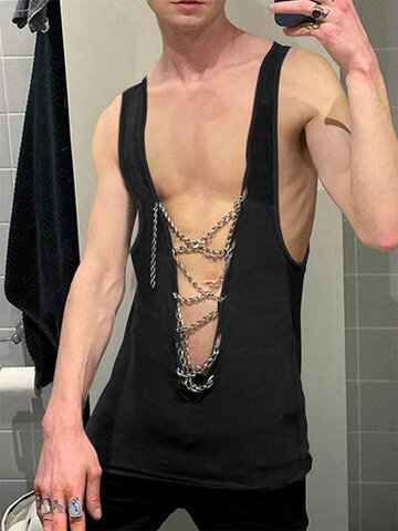 Mens Chain Lace Up V-Neck Tank Top