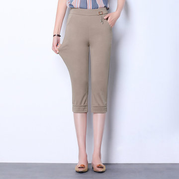 

High Waist Elastic Casual Pants Female Middle-aged Mother Cropped Trousers Breeches XL Pencil Pants Outside Wearing Straight Pants