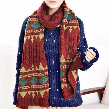 Couple Winter Thermal Geometric Pattern Scarf Crochet Knitted Long Wrap Shawls 