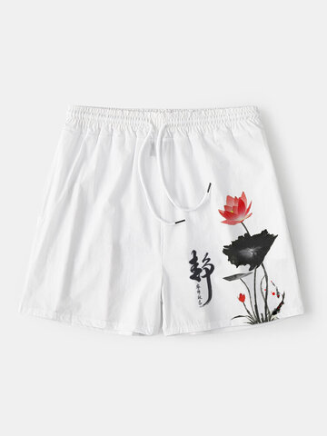 Pantalones cortos con estampado de loto de tinta china
