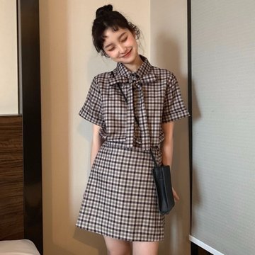 

New Small Student Foreign Network Red Plaid Shirt + High Waist Skirt Two-piece Female